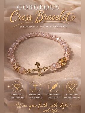 Gorgeous Cross Bracelet with Pink Crystal Acrylic Beads